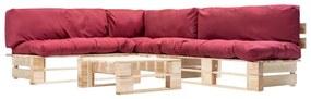 Set divani da giardino pallet 4 pz con cuscini rossi in legno