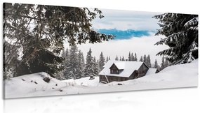 Stampa su tela – Casetta di legno tra pini innevati