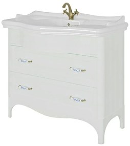 Mobile bagno a terra 115 cm bianco decape con cassetti specchio e lampade Romantica