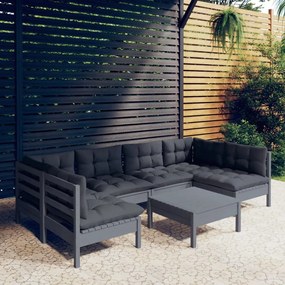 Set divani da giardino 7 pz con cuscini grigi in legno di pino