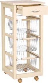 Carrello cucina SLIM in legno di faggio 3 cesti e 1 cassetto Avorio