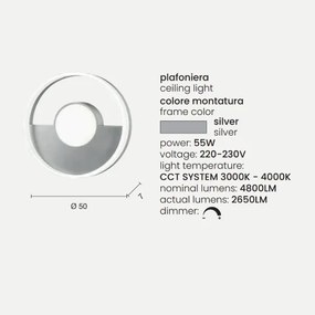 Plafoniera in metallo Argento con diffusore perimetrale D50 cm Led ELISA