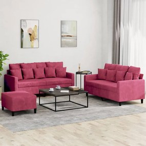 Set Di Divani 3 Pz Con Cuscini Rosso Vino İn Velluto /