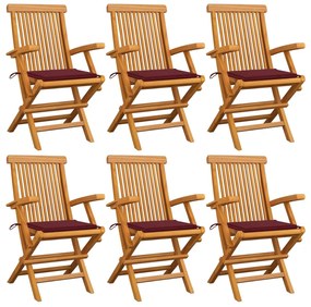 Sedie giardino con cuscini rosso vino 6 pz legno massello teak