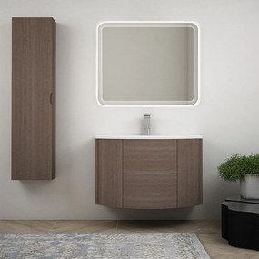 Mobile bagno sospeso 90 cm Rovere scuro design tondo con specchio led e colonna da 140 cm