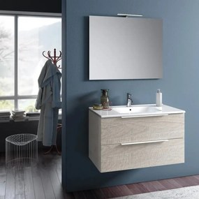 Composizione Mobile Bagno 100cm Sospeso Con Due Cassetti E Specchio Con Lampada