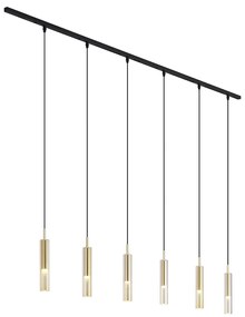Modern railsysteem zwart met 6 hanglampen goud met amber glas 1-fase - Slimline Loyce