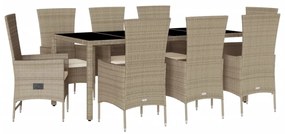Set da pranzo da giardino 9 pz con cuscini beige in polyrattan