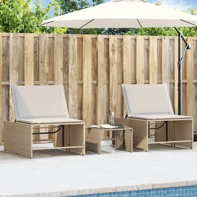 Lettini prendisole 2 pz con tavolino beige in polyrattan