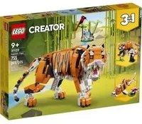 Lego creator 31129 3 in 1 tigre maestosa, si trasforma in panda o pesce, giocattolo creativo con animali, regalo 9+ anni