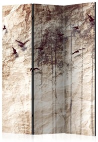 Paravento Natura di carta (3-parti) - astratto con uccelli su sfondo boschivo