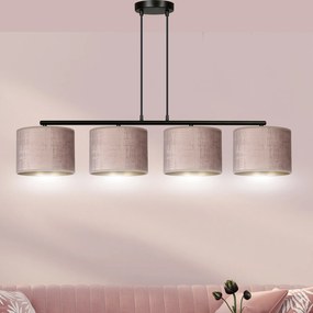 Lampadario 4 Luci Ganesha In Acciaio Nero E Paralumi In Tessuto Rosa
