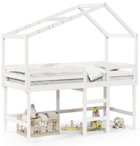 Letto Soppalco Con Scala E Tetto Bianco 80x200 Cm Massello Pino /