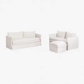 Set Soggiorno Con Divano 2 Posti, Divano 3 Posti E Pouf In Lino E Cotone Grace Tessuto Bianco Antico - Sklum