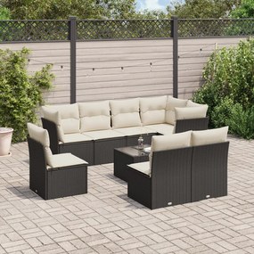 Set divani da giardino 9 pz con cuscini nero in polyrattan