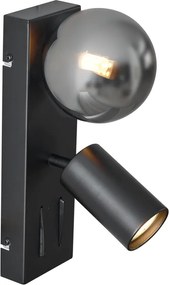 Lampada da parete moderna nera a 2 luci inclinabile con porta USB-C - Lesly