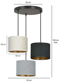 Lampadario Tondo 3 Luci Ganesha In Acciaio Nero E Paralumi In Tessuto Multicolore