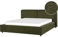 Letto King Size EU con rivestimento in boucl verde e rete a doghe 160 x 200 cm con spessa testiera imbottita e pediera