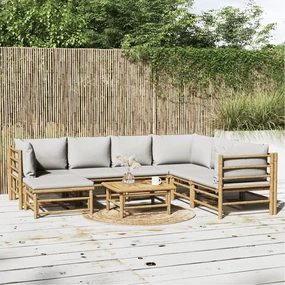 Set salotto da giardino 8pz con cuscini grigio chiaro bambù