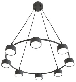 Lampadario Moderno 8 Luci Odin In Acciaio Nero Ad Anello E Cilindri