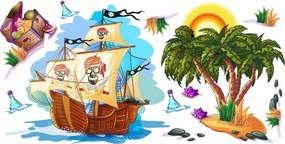 Adesivo da parete colorato con nave pirata e un tesoro 100 x 200 cm