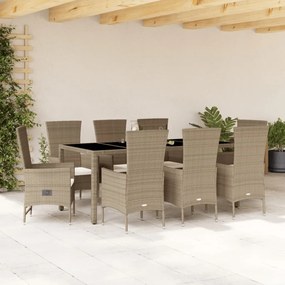 Set da pranzo da giardino 9 pz con cuscini beige in polyrattan