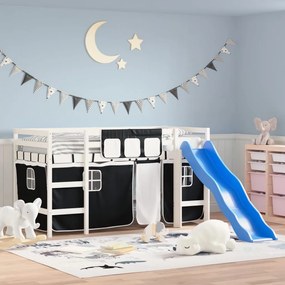 Letto A Soppalco Con Tende Bambini Bianco E Nero 90x200 Cm Pino /