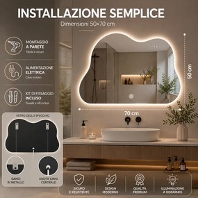 Specchio Nuvola 50x70 cm con LED 3 Colori Dimmerabile con Pulsante Touch...