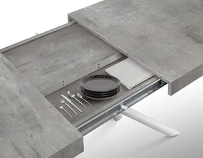 Tavolo CARRARA in legno, finitura grigio cemento e base in metallo verniciato bianco, allungabile 140&#215;90 cm &#8211; 220&#215;90 cm