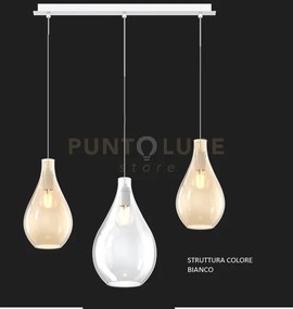Sospensione bianco 3 luci rettangolare vetri (1 medio trasparente+2...