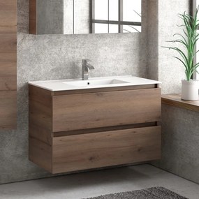 Composizione bagno sospesa 100cm: mobile con lavabo, specchio contenitore e colonna  TOD-100F - KAMALU