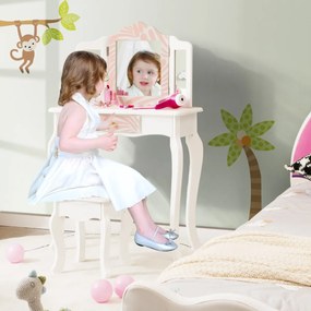 Costway Toeletta trucco per bambine con triplo specchio pieghevole e sgabello fantasia zebrata, Postazione trucco Rosa