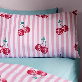 Set copripiumino e federa bianco e rosa per letto singolo 135x200 cm Disco Cherries Stripes – Catherine Lansfield
