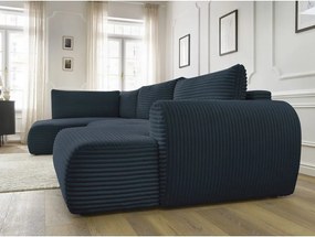 Divano angolare in blu scuro allungabile (con penisola a destra/a forma di "U") con rivestimento in velluto a coste Lucien – Bobochic Paris