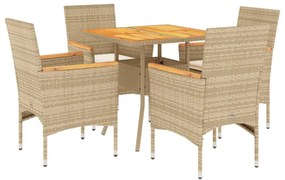 Set pranzo da giardino 5 pz con cuscini beige polyrattan acacia