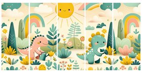 Quadri 5 pezzi – Dinosauri allegri in paesaggio arcobaleno
