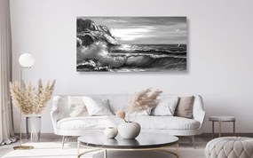 Quadro su tela – Onde marine sulla costa in bianco e nero