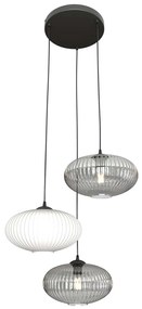 Lampadario 3 Luci Iris Base Tonda In Acciaio Nero Paralume Plissè Multicolor