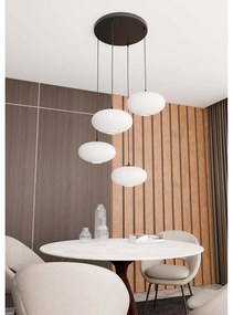 Lampadario 4 Luci Iris Base Tonda In Acciaio Nero Paralume Plissettato Bianco