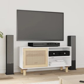 Mobile Tv Bianco 80x30x40 Cm Massello Pino E Rattan Naturale /