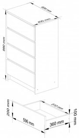 Cassettiera Moderna 60x40x100 Cm 4 Cassetti Bianco Opaco Artika