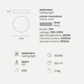 Plafoniera LED per esterni NILO in Abs Silver D32 cm