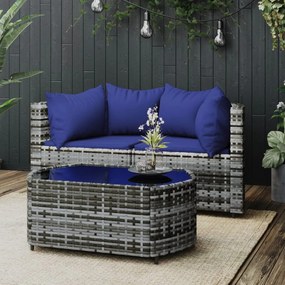 Set divani da giardino 3 pz con cuscini in polyrattan grigio