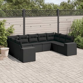 Set divani da giardino 9 pz con cuscini nero in polyrattan