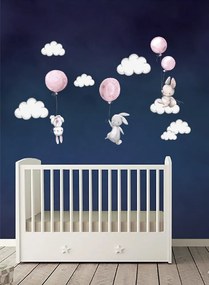 Adesivo murale per bambini per una bambina coniglietti allegri con palloncini rosa 80 x 76 cm