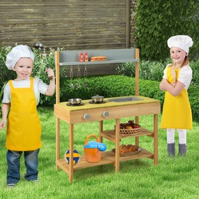 Costway Cucina giocattolo da esterno con 3 ganci appendibili 2 fornelli per bambini, Set da cucina giocattolo lavello rimovibile e scaffali aperti Naturale