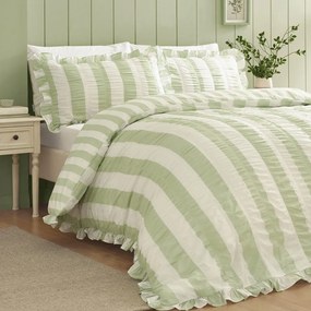 Set copripiumino e federa verde per letto matrimoniale 3 pezzi 200x200 cm Seersucker Frill Stripe – Catherine Lansfield