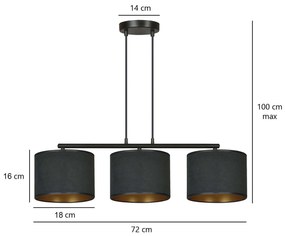 Lampadario 3 Luci Ganesha In Acciaio Nero E Paralumi In Tessuto Nero