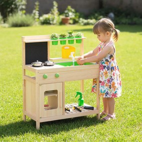 Costway Cucina fango bambini gioco lavagna fornelli rubinetto lavello utensili, Cucina vasi fiori manopole armadio legno esterno bambini 3+ anni