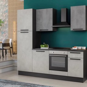 Cucina montata Dora bianco e grigio chiaro, lavello a destra, L.225 cm, completa di: cappa a camino, piano cottura a induzione, forno e frigorifero